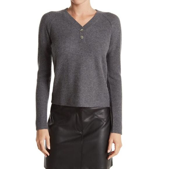 GRIFFEN Cashmere Ribbed Knit Cashmere Raglan Henley Sweater Top, Gray, Large NWT - Picture 2 of 10